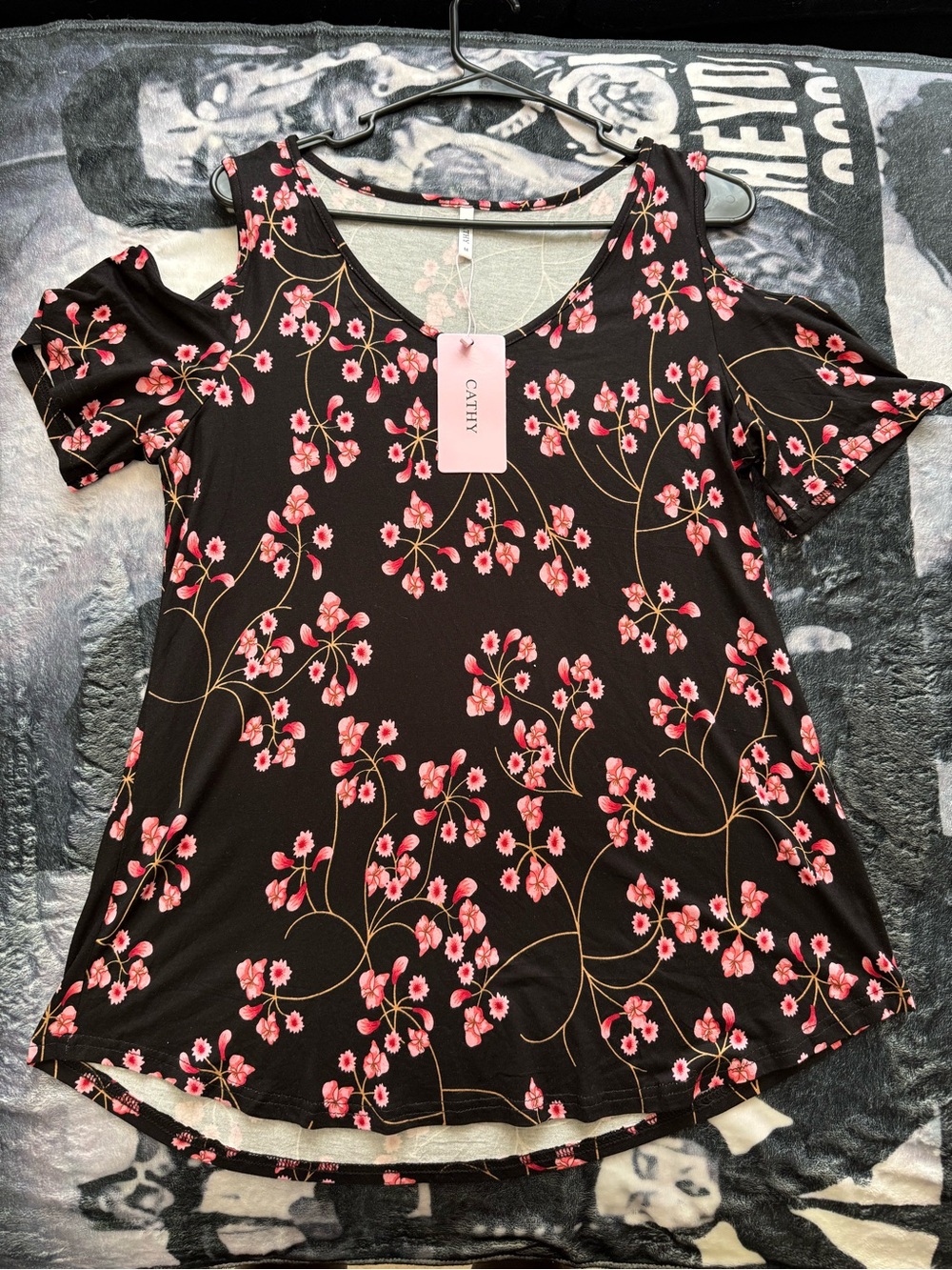 Cathy Floral Cold-Shoulder Tunic Top - Black with Pink Blossom Print